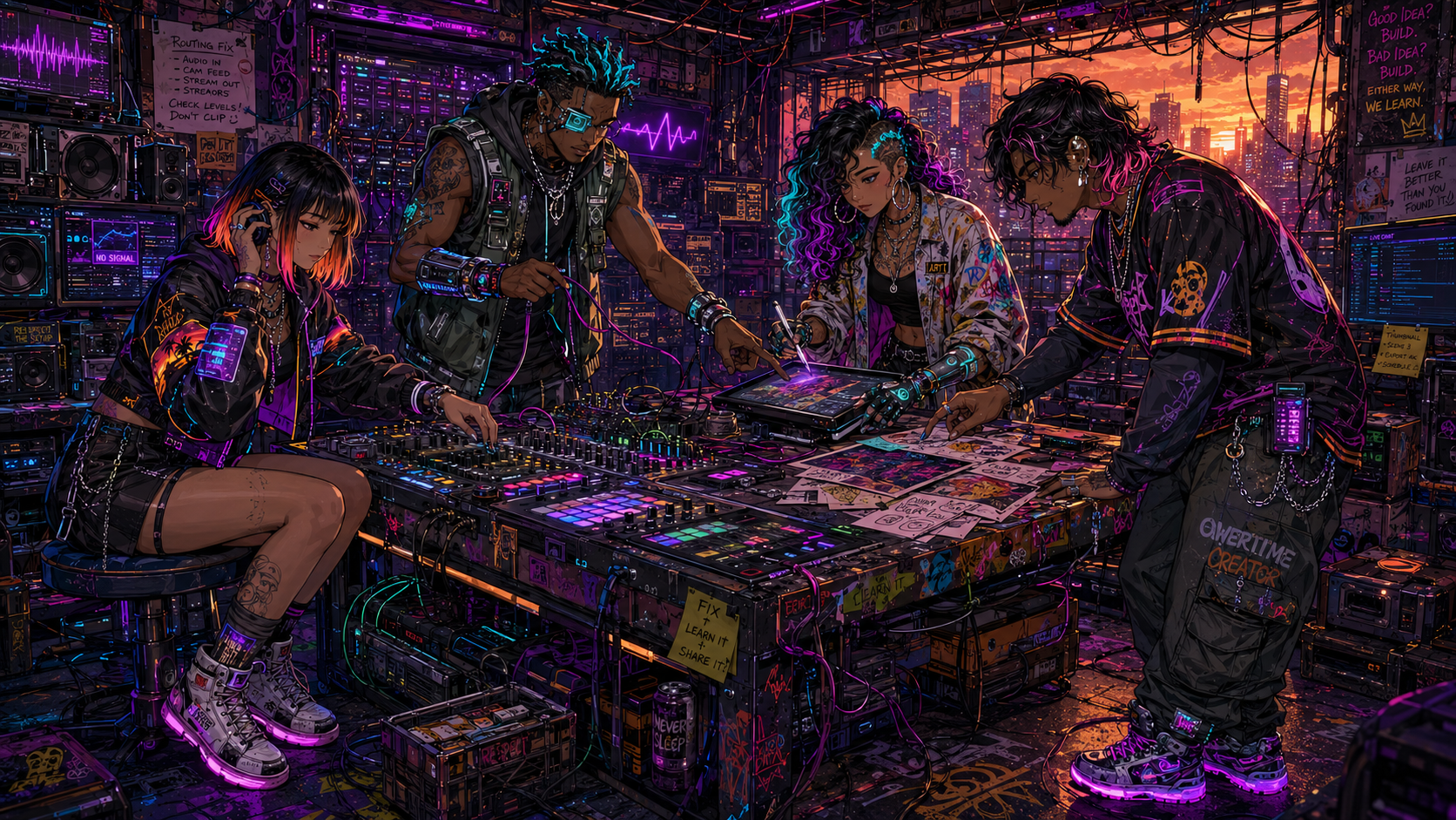 Creators working together around a shared production table