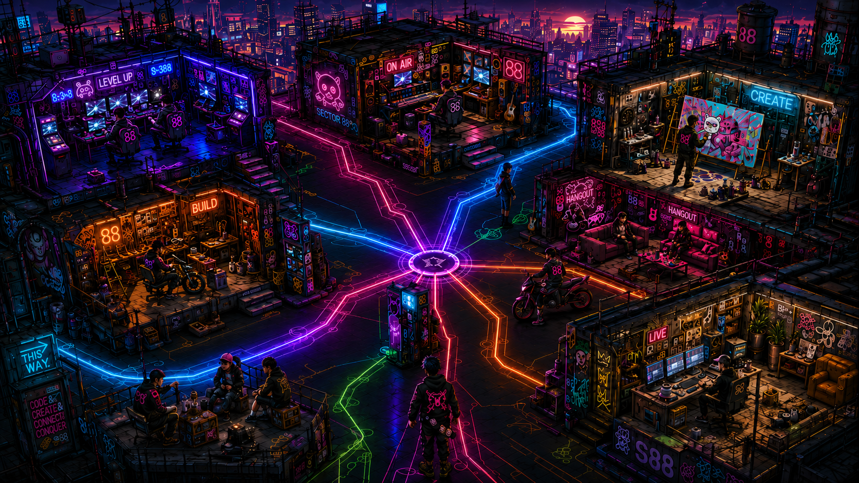 A Sector88 crossroads connecting creator, workshop, arcade and social districts